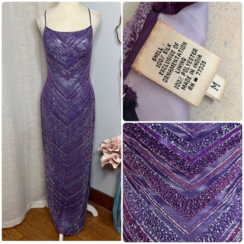 Vintage Y2K Scala Glass Beaded Silk Chevron Maxi Dress Purple Gown Womens Medium